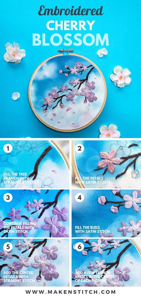 Embroider Cherry Blossom, New Home Embroidery Ideas, Cherry Blossom Embroidery Tutorial, Sakura Embroidery Cherry Blossoms, Cherry Blossoms Embroidery, Embroidered Cherry Blossoms, Cherry Blossom Art Project, Cherry Blossom Embroidery Pattern, Free Hand Embroidery Patterns