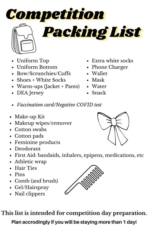 This is everything you absolutely can not forget! Cheer Themes For Competition, Cheer Packing List, Cheer Stuff To Buy, Band Competition Packing List, What To Pack For Cheer Competition, Cheer Checklist, Dance Packing List, Cheer Comp Packing List, How To Get Ready For A Dance Competition