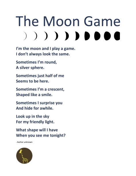 Poems About the Moon | PDF > POEM + FLASHCARDS: “The Moon Game” + The Phases of the Moon Poems About The Moon, Moon Lessons, Moon Poems, Space Theme Preschool, Space Lessons, Space Preschool, Childrens Poems, Space Unit, Poetry For Kids