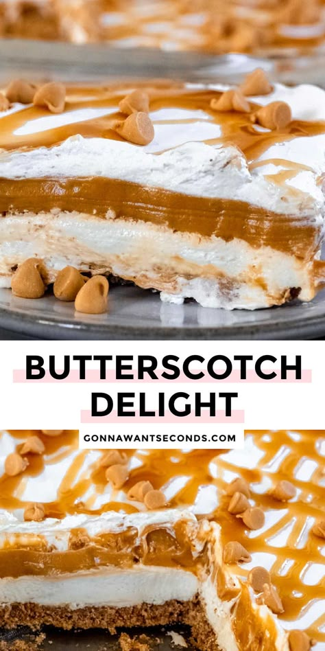 Caramel Lush Dessert, Moms Texas Delight Recipe, Easy Semi Homemade Desserts, Butterscotch Torte, 7 Layer Dessert, Recipes With Butterscotch Chips, Butterscotch Pudding Dessert, Butterscotch Lush, Pot Luck Desserts