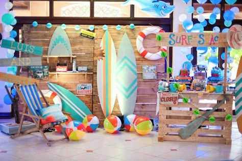 Surfing Birthday Party on Kara's Party Ideas | KarasPartyIdeas.com (22) Surfing Birthday Party, Surf Theme Party, Surfer Party, Surf Birthday Party, Surf Birthday, Tropical Birthday Party, Surf Party, Hawaiian Party Decorations, Beach Birthday Party