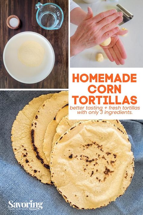 Homemade Corn Tortillas are seriously worth taking the time and effort to make. They are superior in taste and texture to store-bought, and what could be easier than a recipe with only THREE ingredients? If I can do it, you can do it, and you'll be thrilled with the fresh flavor and soft texture of these corn tortillas. We’ll show you how simple it is to create beautifully round corn tortillas without any special equipment. #tortillas #homemadetortillas #tacos #howtomaketortillas Soft Corn Tortillas, Corn Tortillas Homemade, Corn Meal Tortillas Recipes, Easy Corn Tortilla Recipes, Corn Tortilla Recipe, Fresh Corn Tortillas, Home Made Corn Tortillas, Corn Tortilla, Diy Corn Tortillas