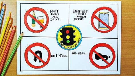 how to draw road safety drawing easy way Road Safety Drawing Ideas, Road Safety Drawing, Safety Drawing, Road Safety Week, Drawing Ideas Simple, Road Safety Poster, Safety Poster, Safety Week, Pencil Drawing Images