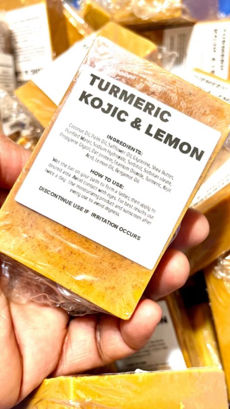 Turmeric Kojic Soap combines the benefits of turmeric and kojic acid. Here's what it does:  1. Skin Lightening: Kojic acid helps lighten dark spots, hyperpigmentation, and scars. 2. Anti-Inflammatory: Turmeric has anti-inflammatory properties that can help reduce redness and calm irritated skin. 3. Antioxidant: Both turmeric and kojic acid have antioxidant properties, protecting the skin from free radicals. 4. Exfoliation: The soap gently exfoliates the skin, removing dead skin cells and promoting a brighter complexion. 5. Anti-Aging: It can help reduce the appearance of fine lines, wrinkles, and age spots, giving a more youthful look.  As always, it's a good idea to do a patch test before using it on your face or body to ensure it suits your skin type. Benefits Of Turmeric, Lemon Bar, Kojic Soap, Lighten Dark Spots, Skin Lightening, Turmeric Benefits, Safflower Oil, Lemon Bars, Kojic Acid