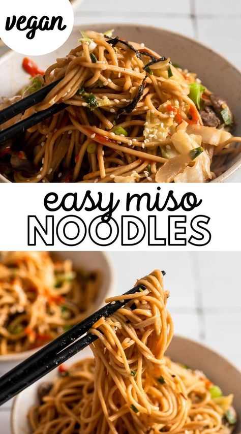 Spicy vegan miso noodles with cabbage and mushroom that are ready in under 2o minutes! Mushroom Cabbage, Miso Noodles Recipes, Red Miso Paste Recipes, Miso Cabbage, Recipes With Miso Paste, Miso Noodles, Miso Sesame Noodles, Vegan Miso Noodles, Miso Chicken And Noodles