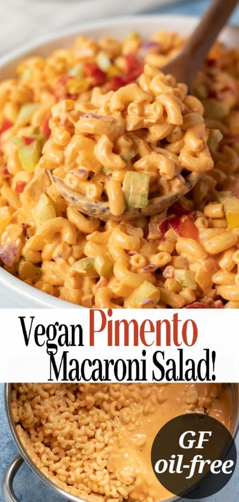 Easy, homemade cheesy sauce with a kick replaces mayo in this healthier version of vegan macaroni salad! #glutenfree #soyfree #vegan #pimento #pastasalad #nutfree #allergyfriendlyrecipe Vegan Macaroni Salad, Salad Vegan, Wfpb Recipes, Vegan Pasta Recipes, Vegan Sides, Pimento Cheese, Cheesy Sauce, Macaroni Salad, Vegan Salad