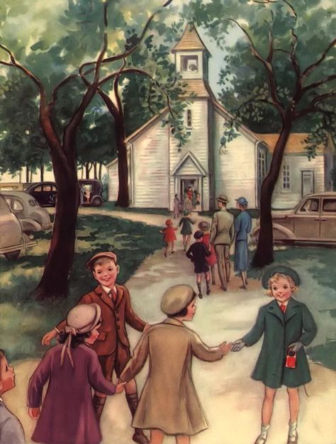 Going to Church use to be a cultural thing for families all over the country. American Dreams, Going To Church, Sunday Blessings, Vintage Housewife, Sunday School Kids, Sunday Church, My Church, Book Page Art, Vintage Illustrations