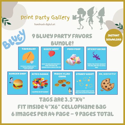 Bluey Party Diy Decorations, Bluey Birthday Party Printables, Bluey Pass The Parcel, Bluey Party Favors Printable, Bluey Birthday Favors, Bluey Birthday Party Diy, Bluey Birthday Party Ideas Diy, Bluey Favors, Bluey Birthday Party Favors