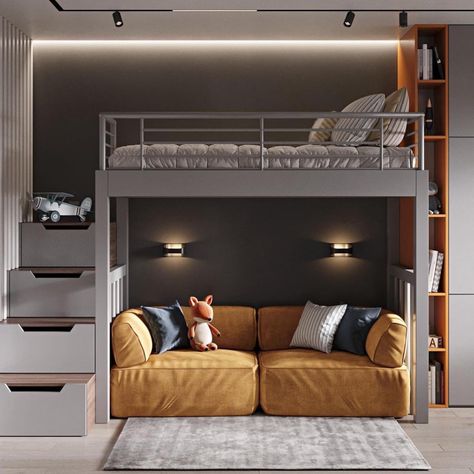 Bunk Bed Ideas, A Loft Bed, Bedroom Ideas For Small Rooms, Loft Style Bedroom, Loft Bed Plans, Bunk Beds Built In, Boys Bedroom Makeover, Small Room Design Bedroom, Boys Playroom