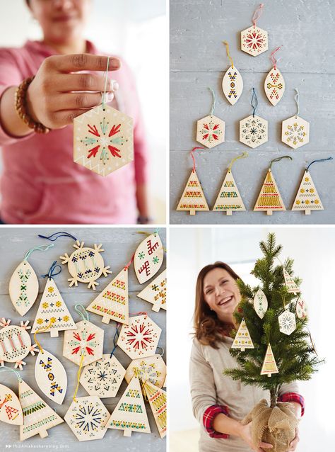 Make your own embroidery and wood ornaments - Think.Make.Share. Winter Wood Crafts, Clay Christmas Decorations, Navidad Diy, Wooden Christmas Ornaments, How To Make Diy, Noel Christmas, Christmas Wood, Wooden Ornaments, Wood Ornaments