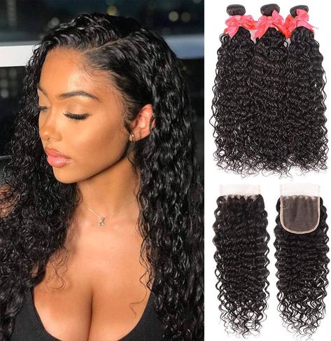 Amazon.com : Water Wave 3 Bundles with Closure (20 22 24+18) Brazilian Virgin Human Hair 100% Unprocessed Ocean Wave Curly Hair 3 Bundles with 4x4 Lace Closure with Baby Hair Free Part Natural Color : Beauty & Personal Care Wavy Weave Hairstyles, 22 Inch Hair, 22 Inch Hair Extensions, Sew In Weave Hairstyles, Hair Weave Styles, Wavy Weave, Sew In Extensions, Deep Wave Brazilian Hair, Wet And Wavy Hair