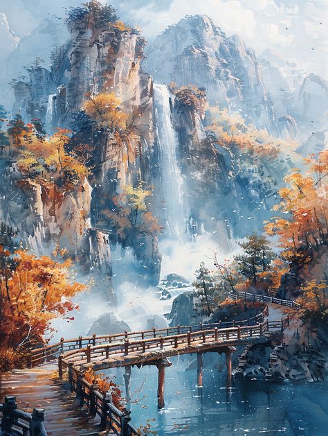 Watercolor Style: Majestic Waterfall in Chinese Landscape Chinese Painting Style, Majestic Waterfall, Nature 3d, Inspirational Digital Art, Photography Movies, Chinese Landscape Painting, Black And White Comics, Asian Painting, Chinese Landscape