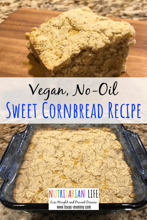 This vegan no-oil sweet cornbread recipe is healthy and easy to make. It's a simple, from scratch recipe with cornmeal and a secret ingredient! It is whole food plant based and great for the nutritarian diet & eat to live. #eattolive #healthyveganrecipes #wfpb #cornbread #wholefoodplantbased #nutritarian #nutritarianlife Wfpb Meals, Sweet Cornbread Recipe, Vegan Carrot Cake Recipe, Southern Cornbread Recipe, Nutritarian Recipes, Dr Greger, Smart Eating, Nutritarian Diet, Vegan Breads