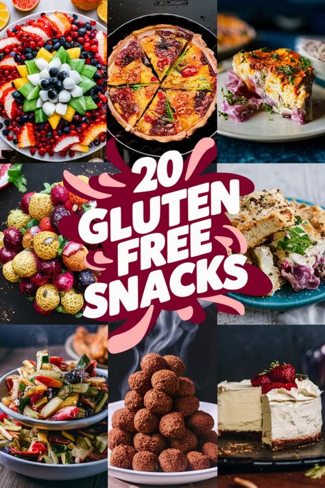 20 gluten-free snacks displayed with colorful and appetizing dishes in the background. No Gluten Snacks, Gluten Free Snacks To Make, Gluten Free Snacks Homemade, Gluten Free Staples, Gluten Free Snack Recipes Easy, Gluten Free Appetizer Recipes Easy, Easy Gluten Free Potluck Ideas, Gluten Free Snacks Ideas, Gluten Dairy Free Snacks