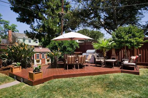 Detached Deck, Floating Deck Ideas, Redwood Deck, Redwood Decking, Floating Deck, Deck With Pergola, Covered Pergola, Decks Backyard, Craftsman Bungalows