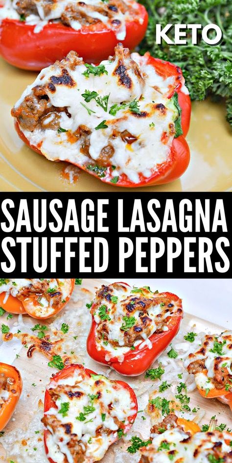 Keto Sausage Lasagna Stuffed Peppers - Enjoy the flavors of lasagna without the noodles. Keto sausage lasagna stuffed peppers are perfect as a side dish or the main course. #keto #ketorecipes #Ketodiet #Ketolasagna #lasagnastuffedpeppers #sausagelasagnapeppers #sausagelasagna #lasagna #dinner # #healtyrecipes #food #recipes Lasagne Stuffed Peppers, Stylish Cravings, Lasagna Dinner, Lasagna Stuffed Peppers, Keto Sausage, Keto Stuffed Peppers, Holy Cannoli, Sausage Lasagna, Low Carb Marinara