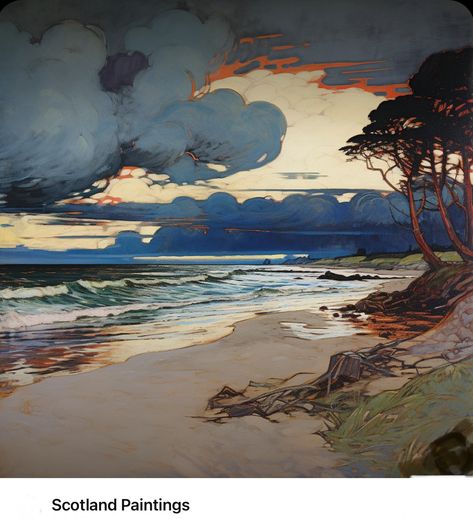 Evocative Art, Beach Landscape Painting, Art Nouveau Painting, Panorama Art, Beach Landscape Art, Abstract Nature Art, Nature Landscape Art, Painted Landscapes, Swirling Clouds