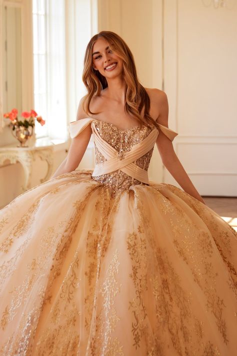 Sparkle from every angle in this glitter applique long off the shoulder dress with an A-line skirt by Juliet JT1488H. This quinceañera dress is a breathtaking masterpiece, designed to make any young woman feel like royalty on her special day. The dress features a voluminous, full-length skirt that gracefully flares out from the waist, creating a dramatic and elegant silhouette. The skirt is adorned with intricate embroidery and embellishments that cascade down in a luxurious pattern, reminiscent of regal attire. The corset is fitted and showcases a sweetheart neckline, beautifully accentuated by the same embroidery that enhances its opulent appearance. The off-the-shoulder sleeves add a touch of grace and sophistication, perfectly complementing the overall design. The sheer overlay of the Victorian Era Clothing, Ball Gown Sweet 16, 15 Quinceanera, Floral Ball Gown, Off Shoulder Ball Gown, Dress Quinceanera, Girls Communion Dresses, Pretty Quinceanera Dresses, Cinderella Divine