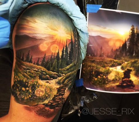 sunset in the forest tattoo by jesse rix Natur Tattoo Arm, Tattoo Mountain, Sunrise Tattoo, Mountain Tattoos, Camping Tattoo, Scene Tattoo, Nature Tattoo Sleeve, Sunset Tattoos, Landscape Tattoo