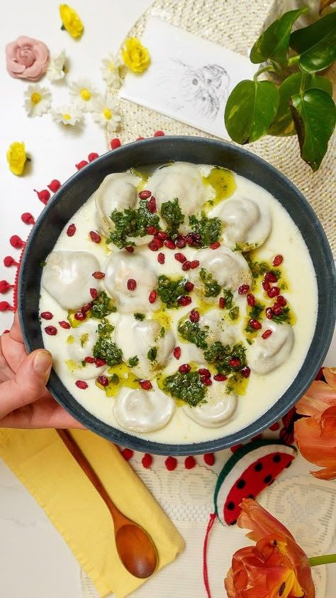 Shish Barak Beryl Shereshewsky, Shish Barak, Jordanian Food, Meat Dumplings, Creamy Yogurt, Lebanese Recipes, Yogurt Sauce, Saute Onions, Fresh Cilantro