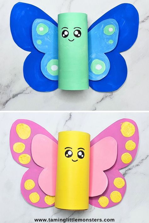 Free Butterfly Toilet Paper Roll Craft Template for Kids.    Grab yoru copy of this free printale template and make cute cardboard tube butterflies with your kids.    This easy craft project os perfect for Spring or if you're learning about the butterfly life cycle.    #spring #artsandcrafts #preschool #kindergarten Easy Paper Craft For Preschoolers, Construction Paper Butterflies, Kids Toilet Paper Roll Crafts, Paper Towel Roll Crafts For Kids, Toilet Paper Roll Crafts For Kids, Quick And Easy Crafts For Kids, Butterfly Crafts For Kids, Butterfly Crafts Preschool, Butterfly Art And Craft