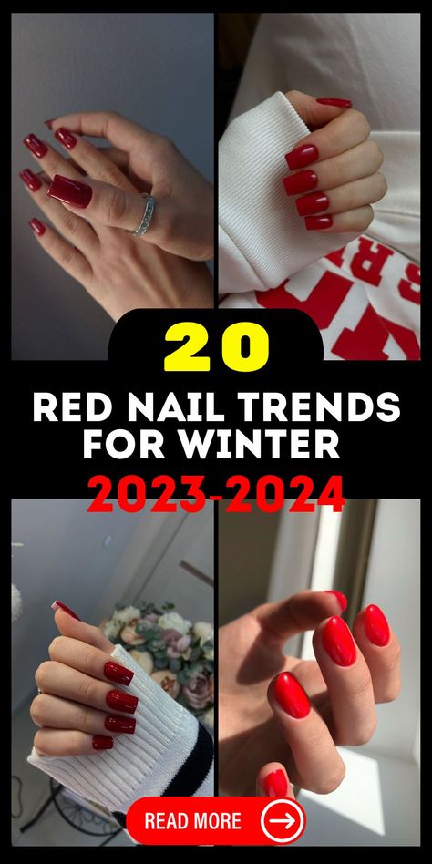 Red Nail Trends for Winter 2023-2024: Unveiling the Hottest 20 Ideas - Women-Lifestyle.com Red Glitter Nails Acrylic, Red Nails 2024, Winter Red Nails, Nails Design Square, Red Nails Design, Red Glitter Nail Polish, Cute Red Nails, Vibrant Nail Colors, Deep Red Nails