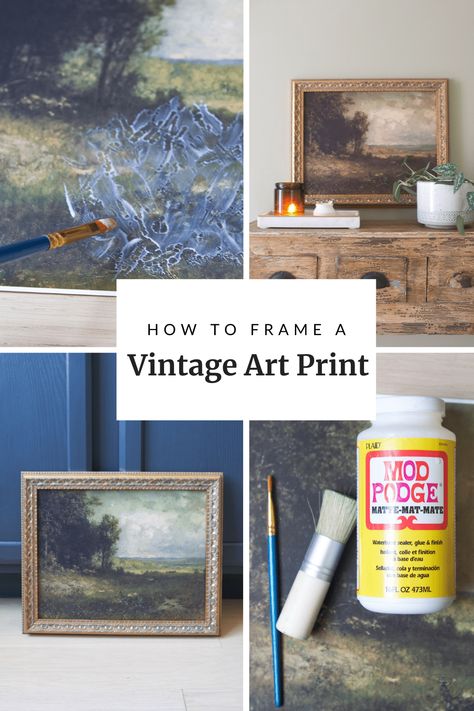 How To Make Art Look Vintage, Vintage Art Frame, How To Frame Art, Diy Vintage Art, Diy Vintage Landscape Painting, Diy Vintage Frame, Diy Vintage Gold Frame, How To Make A Frame Look Vintage, Framing Wallpaper As Art