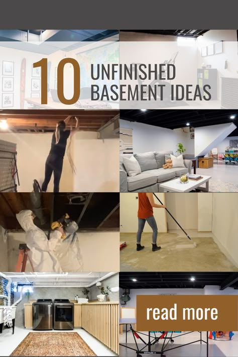 Easy and affordable ideas to turn your unfinished basement into a welcoming living space | Building Bluebird How To Make An Unfinished Basement Livable, Making A Basement Livable, Clever Basement Storage Ideas, Party In Unfinished Basement, How To Make Unfinished Basement Nice, Unfinished Finished Basement, Basement Block Wall Ideas, Unfinished Basement Movie Room, Decorating Unfinished Basement