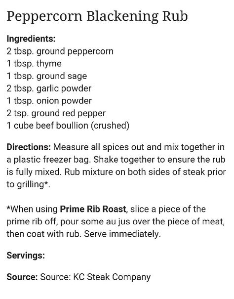 Peppercorn Blackening Rub recipe from KC Steak Company Black Peppercorn Marinade, Rub Recipes, Dry Rub, Cooking For Two, Onion Powder, Seasoning Recipes, Kids Meals, Spice Things Up, Great Recipes