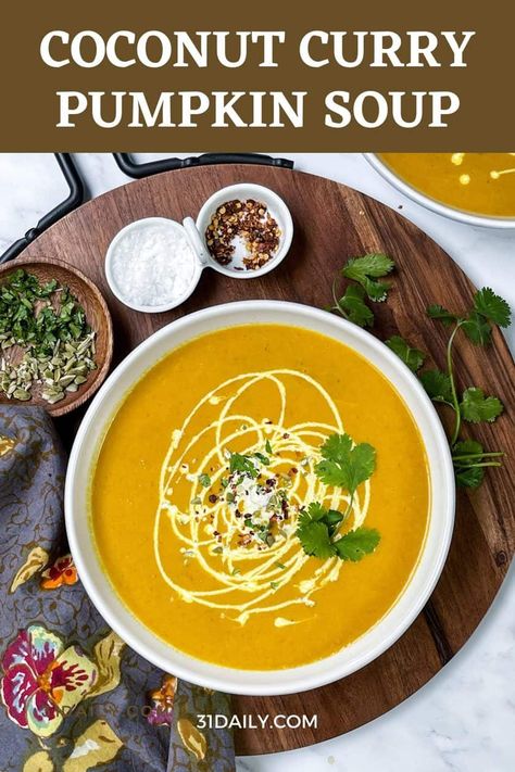 This Coconut Curry Pumpkin Soup is a rich and velvety, naturally vegan soup made with coconut milk, cans of pumpkin, and a delicious blend of curry spices and ingredients like garlic and ginger. Coconut Curry Pumpkin Soup, Curry Pumpkin Soup, Curry Pumpkin, Christmas Side Dish Recipes, Thanksgiving 2022, Coconut Ginger, Garlic And Ginger, Veggie Meals, Curry Spices