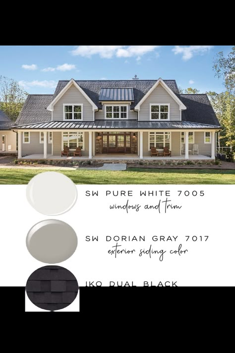 Farmhouse Exterior Paint Colors Grey, Garage Siding Ideas Exterior Colors, Outside Farmhouse Colors, Gray Exterior Farmhouse, House Exterior Colors Schemes With Black Windows, Color Exterior House Ideas, Exterior Farmhouse Color Schemes, Gray House Wood Accents Exterior, Modern Farmhouse Grey Exterior