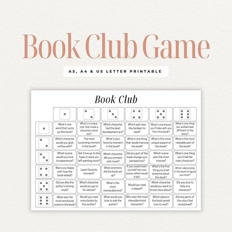 Add a fresh twist to your book club meetings with our "Roll the Dice Book Club Edition" game! Perfect for readers of any genre, this printable game is packed with engaging and thought-provoking questions that spark lively discussions and bring new insights to your favorite reads. Each player takes turns rolling two dice and answering the corresponding question on the game sheet. Keep the fun going until everyone has had a turn or all questions are answered.  Perfect for book lovers, reading enth Book Club Sign Up Sheet, Book Club Conversation Starters, Book Club Games For Women, Book Club Games, Book Club Printables, Book Club Ideas Hosting, Book Club Discussion Questions, Book Club Discussion, Book Club Activities