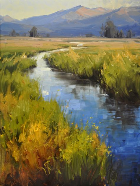 Landscape Reference Photos For Painting, River Landscape Painting, Mountains Oil Painting, Oil Pastel Paintings Landscape, Landscape Photos To Paint, Painting Reference Photos Landscape, Landscape Mountains Painting, Stream Drawing, Oil Painting Mountains