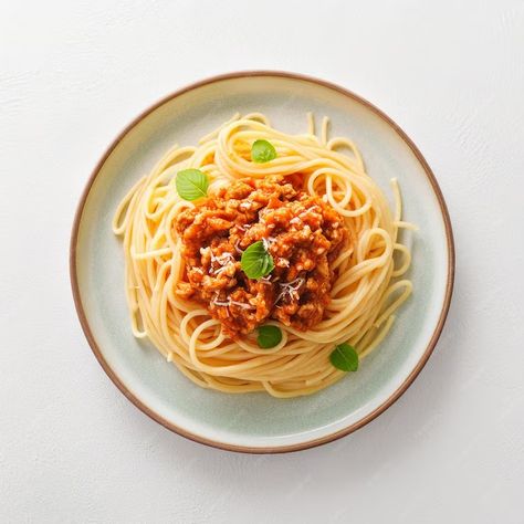 Premium Photo | Spaghetti Bolognese Top View on White Background Pasta Dish Food Photography White Background, Spaghetti Photography, Food Photography Pasta, Pasta Food Photography, Rigatoni Alla Norma, Pasta Png, Food Top View, Bolognese Spaghetti, Bolognese Pasta