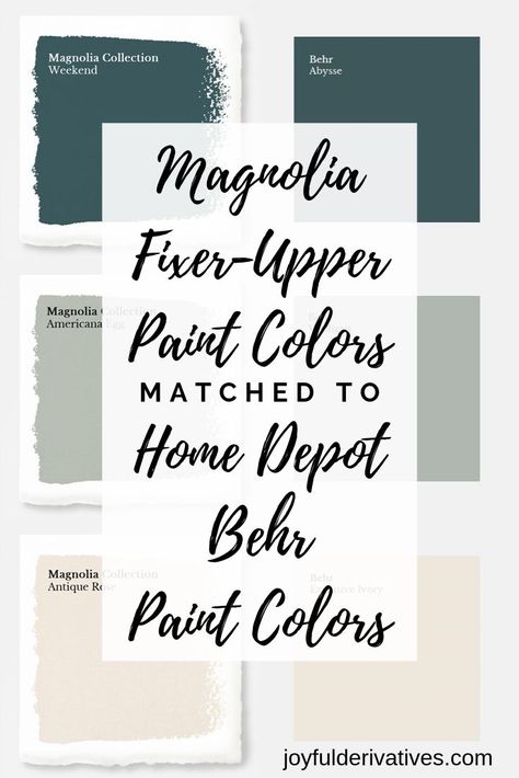 Magnolia Market Collection Paints Color Matched to Behr | Fixer Upper | Joanna Gaines Paint | Home Depot | Color Match | Farmhouse Paint Colors | How to get Joanna's paint locally Farmhouse paint colors and the best shades of paint for modern farmhouse decor. #farmhouse #paint #shades#farmhousestyle #farmhousedecor#homedecor #diyhomedecor #rustic Behr Whole House Color Palette Farmhouse, Magnolia Green Bathroom, Joanna Gaines Favorite Green Paint Colors, Cloudy Gray Magnolia Paint, Behr Farmhouse Paint Colors 2022, Behr Cottage Colors, Behr Paint Color Combinations, Paint Farmhouse Colors, Joanna Gaines Interior Paint Colors