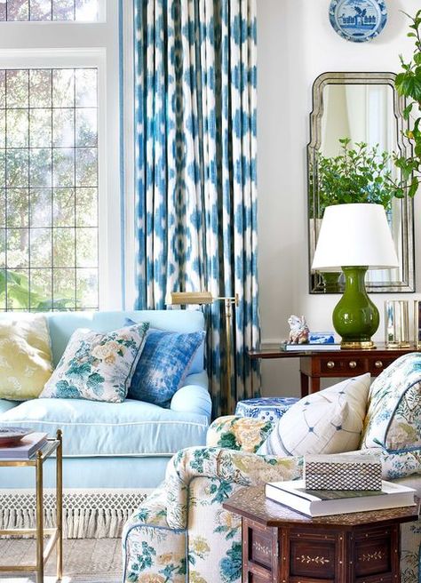 Living room, Blue, Curtain, Room, Furniture, Interior design, Green, Home, Property, Aqua, Grand Millennial Style, Blue And White Living Room, Mark D Sikes, White Living, White Living Room, Pictures Ideas, Formal Living, Upholstered Furniture, Design Decor