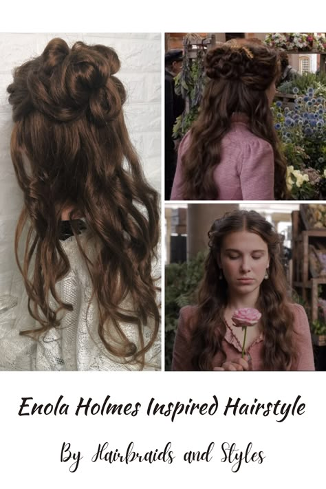 I instantly fell in love with Milly Bobby Brown’s half bun hairstyle as Enola Holmes, and I had so much fun recreating it. #halfbun #enolaholmes #enolaholmeshairstyle Ebola Holmes Hairstyle, Enola Holmes Cosplay, Enola Holmes Hairstyles Tutorial, Enola Holmes Makeup, Enola Holmes Hair Tutorial, Enola Homes Outfit, 19 Century Hairstyles, Enola Holmes Fashion, Enola Holmes Hairstyles