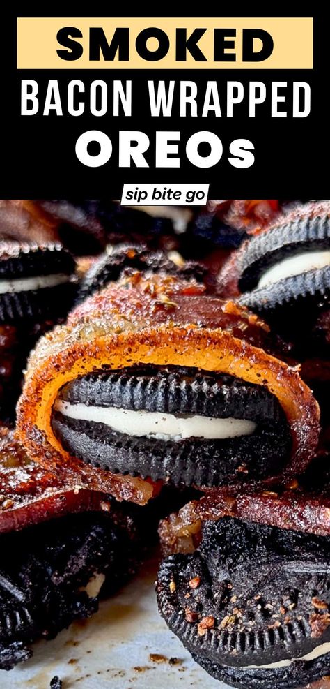 Traeger smoked dessert idea: Sweet Oreo cookies wrapped in crispy pork bacon, smoked with a little bbq rub and bbq sauce on the pellet grill. It’s perfect for a BBQ party! I’ll show you how to make this recipe with only 4 ingredients. Unusual, yet surprisingly delicious. | sipbitego.com Bacon Wrapped Oreos, Smoked Dessert, Easy Smoker Recipes, Pizza Pasta Recipe, Smoked Recipes, Bbq Desserts, Grilled Desserts, Pork Bacon, Smoked Pulled Pork