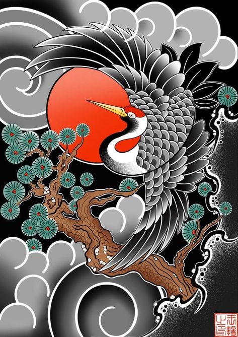 300 Tattoo, Religious Tattoo Design, Japanese Demon Tattoo, Traditional Japanese Tattoo Flash, 50 Tattoo, Crane Tattoo, Traditional Tattoo Inspiration, Anchor Tattoo Design, Japan Tattoo Design