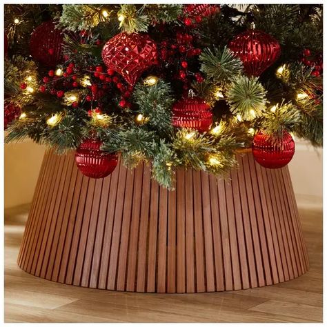 Round Wood Tree Collar | Hobby Lobby | 6164636 Square Christmas Tree Collar, Christmas Tree Collar Ideas, Wood Tree Collar, Wood Slat Design, Wooden Tree Collar, Christmas Tree Collars, Tree Collar Christmas, Christmas Tree Collar, Christmas Tree Inspo