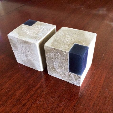 Concrete and resin bookends Concrete And Resin, Recycle Design, Candle Crafts Diy, Ceiling Murals, Cube Design, Concrete Color, Concrete Wood, Texture Inspiration, Candle Craft