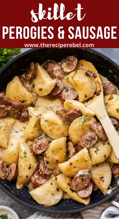 This Perogies and Sausage Skillet is a hearty meal that's ready in just 25 minutes! Made with frozen potato and cheese perogies and smoked sausage pan-fried and drenched in a simple cream sauce. #perogies #sausage #dinner | dinner recipes | easy recipes } smoked sausage | pierogi | easy recipes Perogies And Sausage, Cheese Perogies, Potatoes And Sausage, Perogies Recipe, Sausage Skillet, Smoked Sausage Recipes, Pierogi Recipe, Sausage Dinner, Kielbasa Recipes