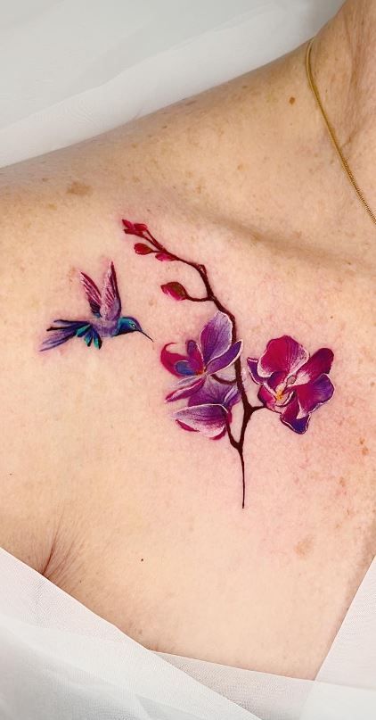 Orchid Tattoos For Women, Hummingbird And Orchid Tattoo, White Orchid Tattoo, Bauhinia Tattoo, Tattoo Ideas Orchid, Hummingbird With Orchid Tattoo, Tattoo Orchid, Orchid Memorial Tattoo, Orchid Tattoo Color