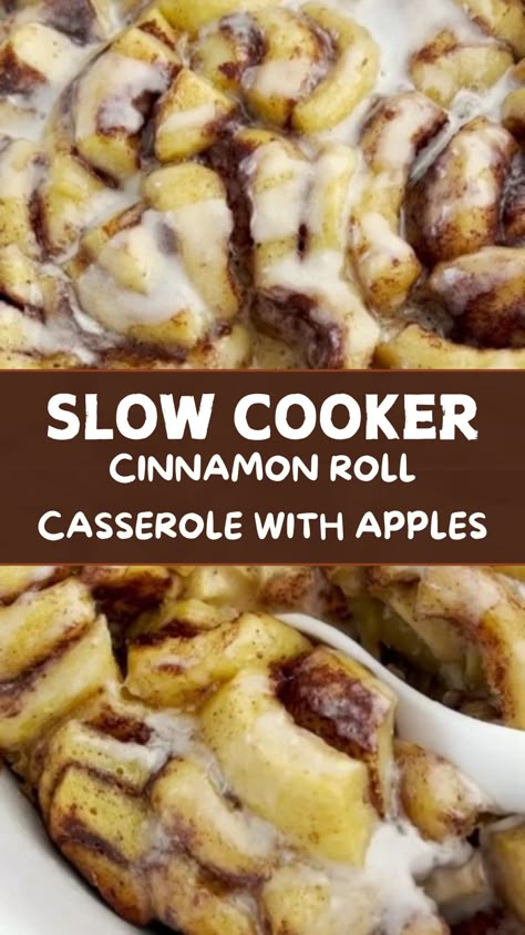 Slow Cooker Cinnamon Roll Casserole With Apples Crockpot Cinnamon Roll Casserole, Cinnamon Roll Casserole Easy, Slow Cooker Cinnamon Rolls, Pesto Mozzarella, Cinnamon Roll Casserole, Easy Holiday Desserts, Crockpot Chili, Crockpot Breakfast, Family Breakfast