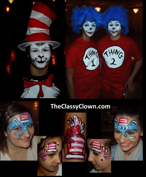 Dr. Seuss, Cat in the Hat, Thing 1, Thing 2 face painting party fun.. From Chicago Face Painters Post Prom Games, Face Painting Party, Batman Face Paint, Prom Games, Seussical Jr, Doctor Suess Birthday, Dr Seuss Party Ideas, Dr Seuss Crafts, Post Prom