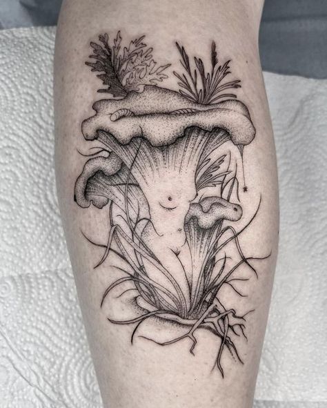 Chantrell Mushrooms Tattoo, Chanterelle Mushroom Tattoo, Chanterelle Tattoo, Mushroom Lady Tattoo, Cottage Core Tattoos, Stipple Tattoo, Mushroom Lady, Fairy Tattoos, Lady Tattoo