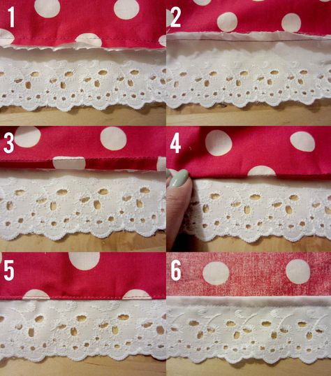 Sewing Trims Ideas, How To Sew Lace Trim On Dress, How To Sew Lace Trim, How To Sew Lace On Fabric, Crafting Witch, Diy Lace Trim, Lace Trim Skirt, Minnie Mouse Baby, Clothes Making