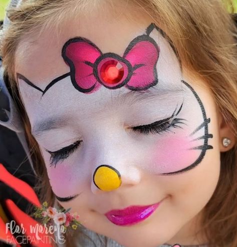 Kitty Halloween Makeup, Hello Kitty Halloween Makeup, Hello Kitty Face Paint, Simple Face Paint, Easy Face Painting Designs, Hello Kitty Costume, Kitty Face Paint, Animal Face Paintings, Halloween Hello Kitty