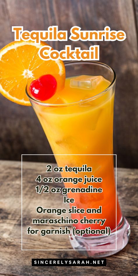 Sunrise Tequila Recipe, Tequila Cocktails Recipes, Easy Tequila Cocktails, Fall Cocktails Easy, Tequila Orange Juice, Homemade Margarita Recipe, Tequila Drinks Easy, Tequila Sunrise Recipe, Grenadine Cocktail