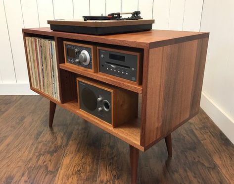 QUICK BUILD Solid mahogany turntable cabinet with album storage. Mid century modern record player console with vinyl storage. Record Player Console, Modern Record Player, Store Vinyl Records, Record Player Cabinet, Stereo Console, Album Storage, Stereo Cabinet, Record Player Stand, Record Cabinet